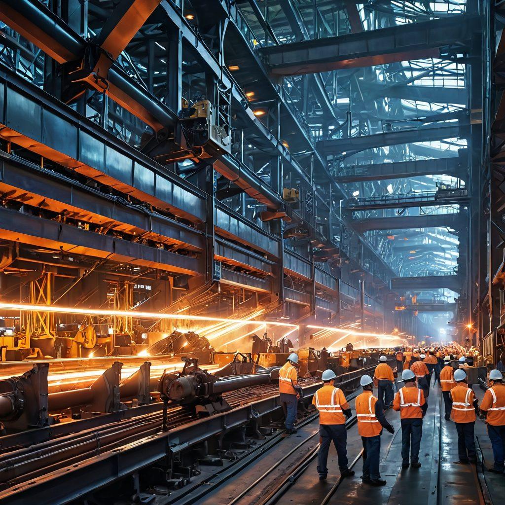 A dynamic image showcasing a bustling steel factory with workers handling large steel beams, an intricate supply chain network illustrated with arrows and gears, visual representations of pricing trends on a digital display, and a background filled with towering steel structures. Use vibrant colors to convey energy and productivity, emphasizing steel's industrial essence. super-realistic. vibrant colors.