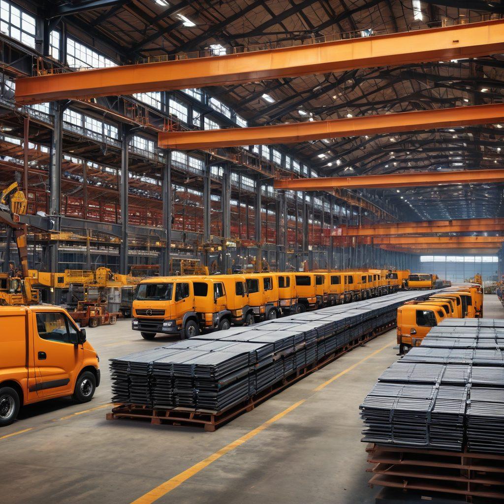 An intricate collage depicting a bustling steel warehouse filled with stacked steel beams and sheets, a serene distribution truck loading materials, and a digital inventory management dashboard in the foreground. Include workers in safety gear, dynamic cranes in motion, and vibrant steel colors reflecting industrial strength. super-realistic. vibrant colors. 3D.