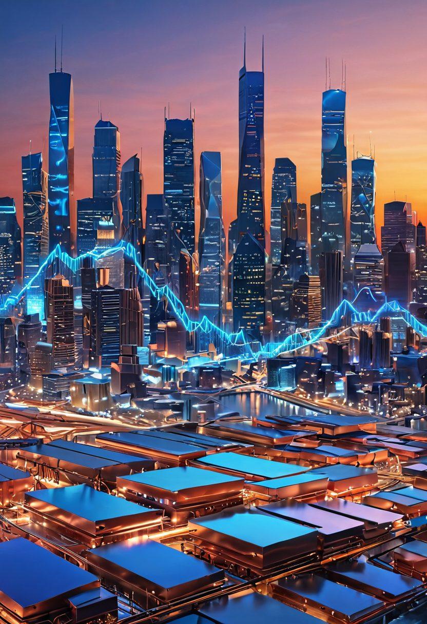 A dynamic landscape showcasing various metals like iron, copper, and aluminum intertwined with graphs and price tags, symbolizing pricing strategies and market analysis. In the background, a futuristic city skyline made of metal structures reflects an evolving industry. The sky transitions from dawn to dusk, highlighting the progress in metal innovations. super-realistic. vibrant colors. 3D.